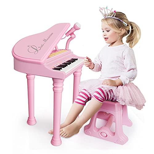 Piano Toys Keyboard für 3+Jahr alte Mädchen Geburtstagsgeschenk Kleinkind Musikspielzeug Instrument mit Mikrofon (31 Tasten Hocker, hellrosa) von Love&Mini