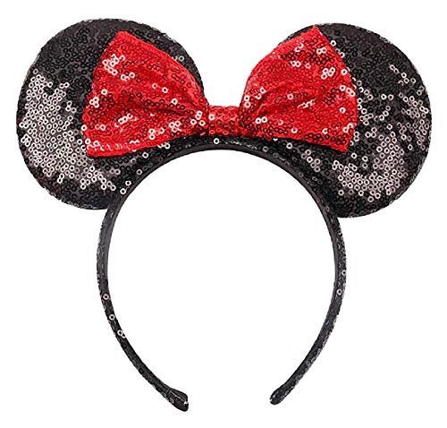 LoveLegis Minnie Haarband - Maus - mit Ohren - Schleife - Mädchen - Frau - Karneval - Halloween - Cosplay - Pailletten - Glitzer - Schwarze Farbe rote Schleife von LoveLegis