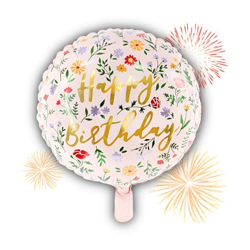 Folienballon Happy Birthday Blumen 45cm Ballon Geburtstag Mädchen Frauen Dekoballon Luftballon Hellrosa mit Luft oder Helium WIEDERVERWENDBAR von Lovely Balloon