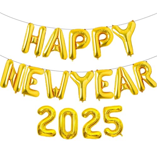 16 Zoll Gold 2025 Happy New Year Ballons, Big 2025 Happy New Year Letter Balloons Foil Gold Balloons for 2025 Happy New Year Eve Celebration Decorations Party Supplies New Years 2025 Balloons Gold von Lovoir