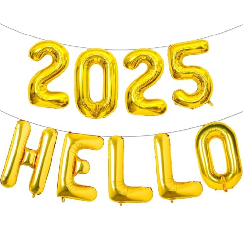 16 Zoll Gold 2025 Hello Ballons, Big 2025 Happy New Year Letter Balloons Foil Gold Balloons for 2025 Happy New Year Eve Celebration Decorations Party Supplies New Year 2025 Balloons Gold von Lovoir