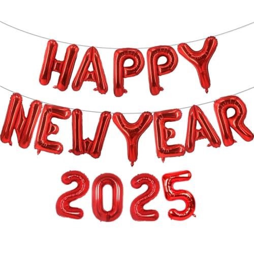 16 Zoll Rot 2025 Happy New Year Ballons, Big 2025 Happy New Year Letter Balloons Foil Red Balloons for 2025 Happy New Year Eve Celebration Decorations Party Supplies New Years 2025 Balloons Red von Lovoir