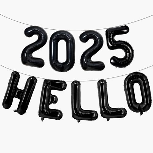 16 Zoll Schwarz 2025 Hello Ballons, Big 2025 Happy New Year Brief Ballons Folie Schwarz Ballons für 2025 Happy New Year Eve Feier Dekorationen Party Supplies Neujahr 2025 Luftballons Schwarz von Lovoir