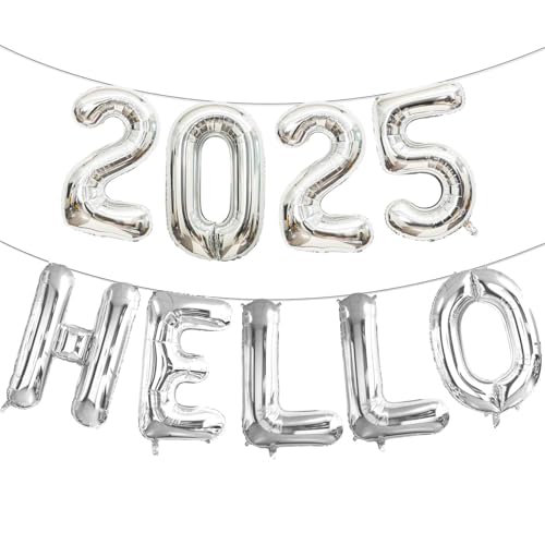 16 Zoll Silber 2025 Hello Ballons, Big 2025 Happy New Year Brief Ballons Folie Silber Ballons für 2025 Happy New Year Eve Feier Dekorationen Party Supplies Neujahr 2025 Luftballons Silber von Lovoir