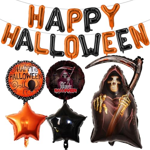 6 Stück Halloween Luftballons Set, Happy Halloween Luftballons Geist Fledermaus Spide Stern Form Mylar Ballons Schwarz & Orange & Lila Helium Folienballon für Halloween Party Dekorationen von Lovoir