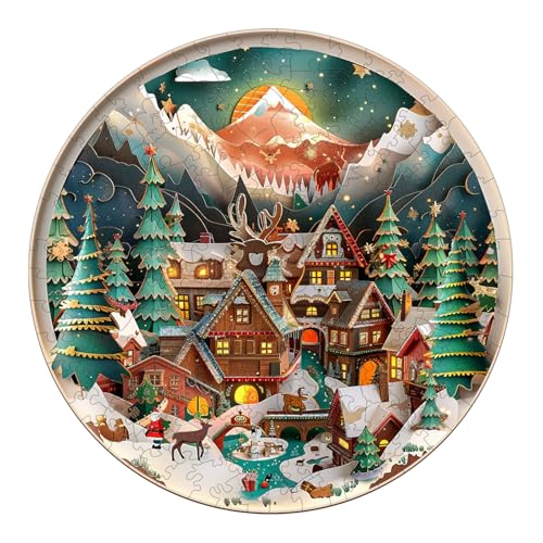 Holzpuzzle Erwachsene 100 Stück, 3D Christmas Town Holzpuzzle Puzzle Erwachsene, Puzzle Holz Erwachsene mit Geschenkbox aus Holz, Holz Puzzle für Familie Spiel, 21.5 * 21.5cm von Lovpippi