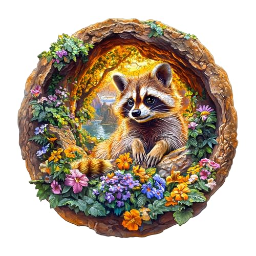 Holzpuzzle Erwachsene und Kinder, Raccoon on Vacation Kreisförmige Einzigartige Puzzle, Holz Puzzle Erwachsene Mit Geschenkbox Aus Holz (L-295 Stück) von Lovpippi