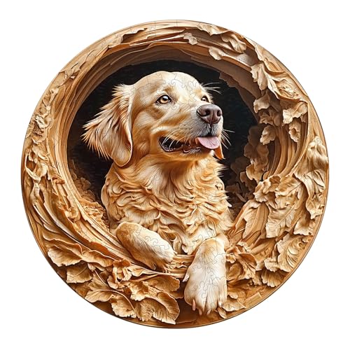 Holzpuzzles für Erwachsene und Kinder, 100 Teile Holzpuzzle Erwachsene, Kreisförmige Einzigartige Puzzle, Wooden Puzzle 3D golden Retriever-1, Holz Puzzle Mit Geschenkbox Aus Holz von Lovpippi