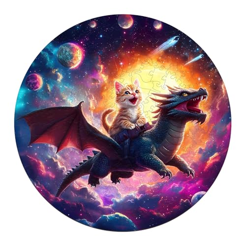 Holzpuzzles für Erwachsene und Kinder, 100 Teile Holzpuzzle Erwachsene, Kreisförmige Einzigartige Puzzle, Wooden Puzzle Kitten Riding Dragon, Holz Puzzle Mit Geschenkbox Aus Holz von Lovpippi