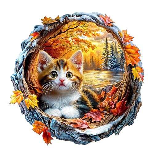 Holzpuzzles für Erwachsene und Kinder, 100 Teile Holzpuzzle Erwachsene, Kreisförmige Einzigartige Puzzle, Wooden Puzzle Kitten in Autumn, Holz Puzzle Mit Geschenkbox Aus Holz von Lovpippi