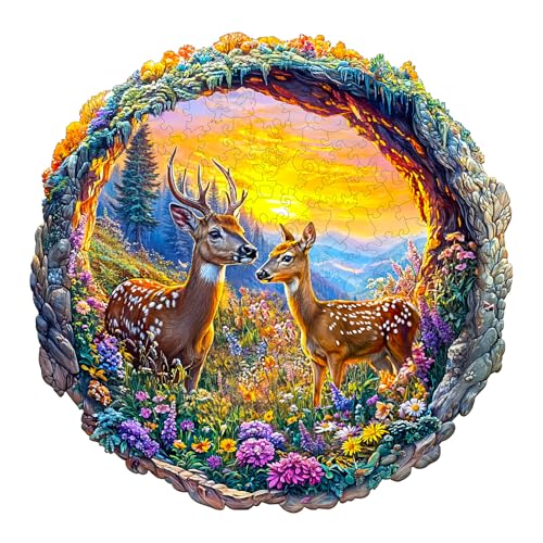 Holzpuzzles für Erwachsene und Kinder, 100 Teile Holzpuzzle Erwachsene, Kreisförmige Einzigartige Puzzle, Wooden PuzzleDeer Among Flowers, HolzPuzzle für Familie Spiel und Geschenk für Paare von Lovpippi