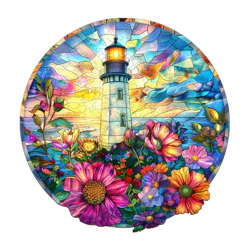 Holzpuzzles für Erwachsene und Kinder, 100 Teile Holzpuzzle Erwachsene, Kreisförmige Einzigartige Puzzle, Wooden PuzzleStained Glass Lighthouse, Holz Puzzle Mit Geschenkbox Aus Holz von Lovpippi