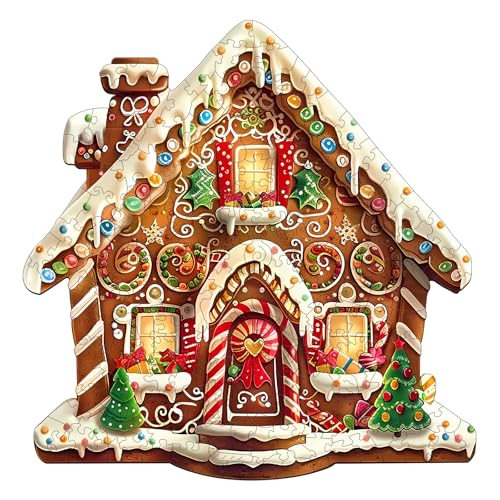 Holzpuzzles für Erwachsene und Kinder, 100 Teile Holzpuzzle Erwachsene, Unregelmäßige Einzigartige Puzzle, Wooden Puzzle Christmas Gingerbread House 1,Holz Puzzle Mit Geschenkbox Aus Holz von Lovpippi