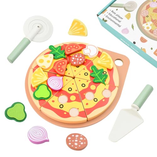 Holz Pizza Spielzeug für Kinder, Pizza Spielzeug, Holz Küche Spielzeug, Rollenspiel Spielzeug, Spielnahrung, Holz Lebensmittel Spielzeug, Holz Spielzeug für 3+ Jungen oder Mädchen von Lre Co.