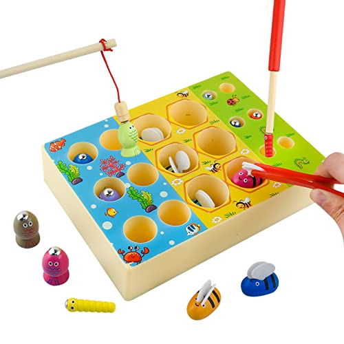 Lre Co. 3 in 1 Angelspiel Holz, Montessori Spielzeug 3 Jahre magnetisches Angelspiel Motor Skills Spielzeug Holz Fisch Geschenk von 3 4 5 6 7 8 Jahre Spiel für Kinder von Lre Co.