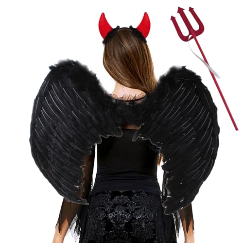 45cm Halloween Flügel Schwarz,Engelsflügel Schwarz mit Teufel Horn Rot,Teufels Flügel Helloween,Dunkler Engel Kostüm,Schwarzer Engel Kostüm Mädchen,Teufel Kostüm,Engel und Teufel Flügel Kostüm Damen von Lrxyfyw