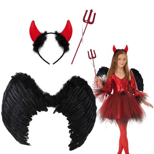 45cm Halloween Flügel Schwarz,Engelsflügel Schwarz mit Teufel Horn Rot,Teufelskostüm Für Damen,Schwarzer Engel Kostüm Mädchen,Engelsflügel Deko Teufel Flügel von Lrxyfyw