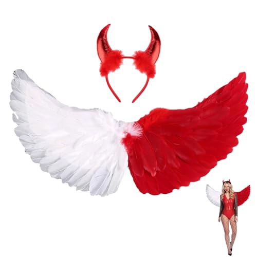 60cm Engelsflügel Weiß Rot Teufelsohren,rot Engel Kostüm Damen,Engelsflügel Rot,Rot Engel Kostüm Mädchen,Teufels Flügel Helloween,Teufel Kostüm,Engel und Teufel Flügel Kostüm Damen von Lrxyfyw