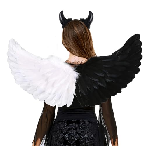 60cm Engelsflügel Weiß Schwarz Teufelsohren,Halloween Flügel Schwarz,Teufels Flügel Helloween,Engelsflügel Schwarz,Weiße Flügel Engel,Dunkler Engel Kostüm,Engel und Teufel Flügel Kostüm Damen von Lrxyfyw