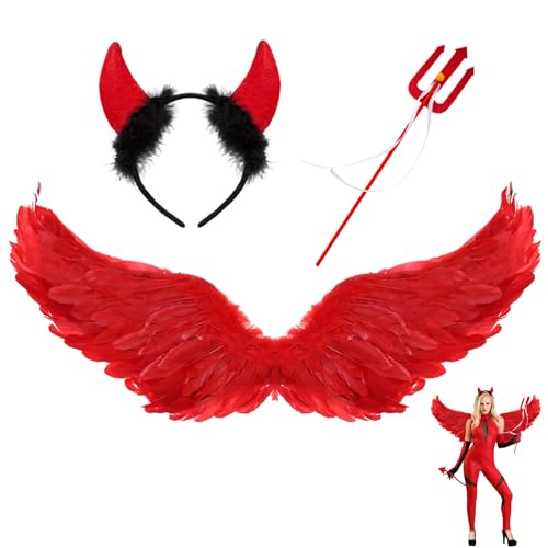 60cm Halloween Flügel Rot, Engelsflügel Rot mit Teufel Horn Rot,rot Engel Kostüm Damen,Engelsflügel Rot,Rot Engel Kostüm Mädchen,Teufels Flügel Helloween,Engel und Teufel Flügel Kostüm Damen von Lrxyfyw