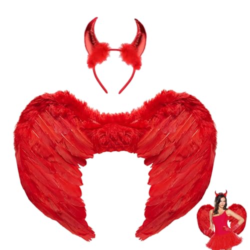 Lrxyfyw 45cm Halloween Flügel Rot, Engelsflügel Rot mit Teufel Horn Rot,rot Engel Kostüm Damen,Engelsflügel Rot,Rot Engel Kostüm Mädchen,Teufels Flügel Helloween,Engel und Teufel Flügel Kostüm Damen von Lrxyfyw