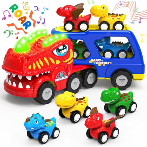 Lshfjnd Dinosaurier Spielzeug ab 2 3 4 5 Jahre, 5 in 1 Dino LKW mit Brüllen Sound & Lichter für Junge Mädchen, Dino Spielzeug Dinosaurier Truck Toddler Car Toys Geschenke für Jungen und Mädchen von Lshfjnd