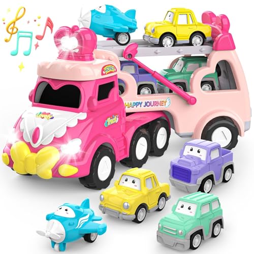 Lshfjnd 5 in 1 Cartoon Spielzeug ab 2 3 4 5 Jahre, Kinderspielzeug Transporter LKW Spielzeug ab 2 Jahre Mädchen mit Sound, Geschenke für Mädchen Spielzeug ab 1-5 mädchen Geschenk Mädchen von Lshfjnd