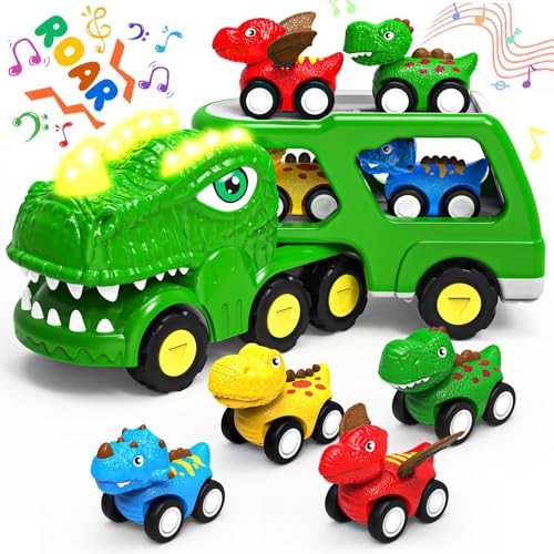 Lshfjnd Dinosaurier Spielzeug ab 2 3 4 5 Jahre, 5 in 1 Dino LKW Mit Brüllen Sound & Lichter Für Junge Mädchen, Dino Spielzeug Dinosaurier Truck Auto Transporter Geschenke Für Jungen und Mädchen von Lshfjnd