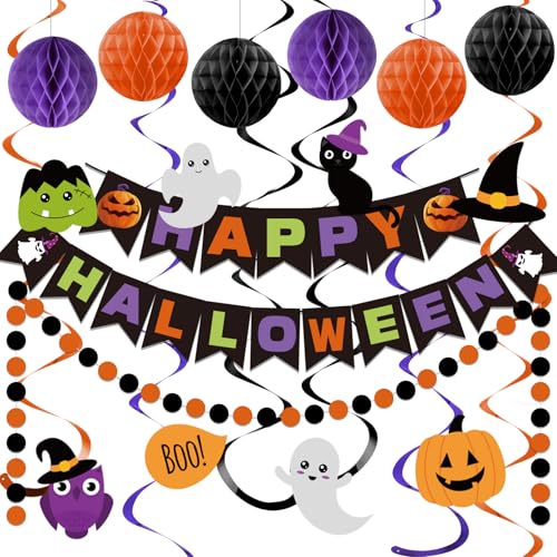 Happy Halloween Banner, Halloween Banner mit Wabenball, Halloween Hanging Swirl Streamer Kreis Punkt Girlande Dekorationen für Halloween Thema Party Dekorationen von Lsoar