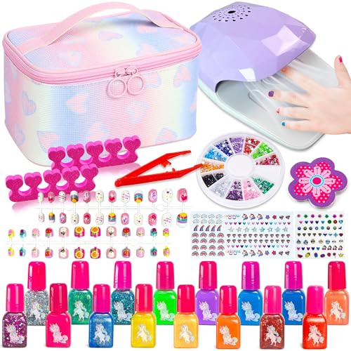 Lubibi Kinder Nagellack Mädchen Set, Ungiftiger, abziehbarer Nagellack, mit Nageltrockner Nagelaufkleber und Kosmetiktasche，Geburtstagsgeschenke für 3 4 5 6 7 8 9 10 11 12 jährige Kinder Mädchen von Lubibi