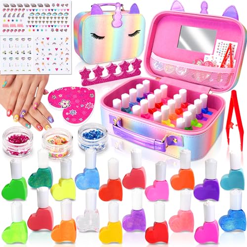 Lubibi 30Pcs Kinder nagellack Set mädchen,Einhorn Schminkkoffer DIY abziehbarer Nagellack,Waschbares&Safe, mit 20 Nagellackfarben & Zubehör Prinzessin verkleiden Geschenke Spielzeug für Kinder von Lubibi