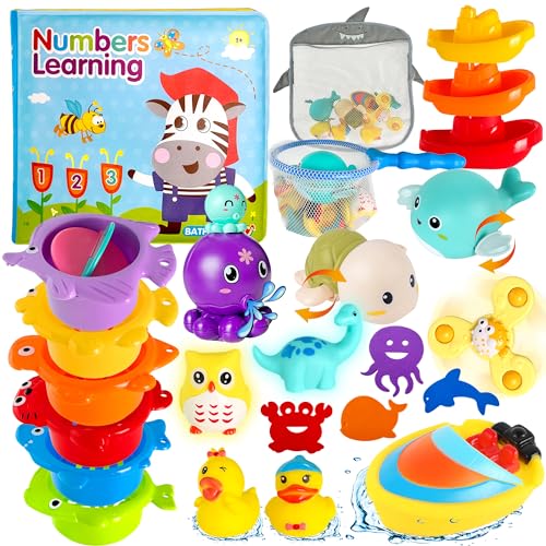 Lubibi Badewannenspielzeug Set, Babybadespielzeug, Badewannenspielzeug, Wasserspielzeug Duschen und Schwimmen, Wassersprühende Krake Aufbewahrungs-Netztasche, Mehr als 6 monate Babyspielzeug Geschenke von Lubibi