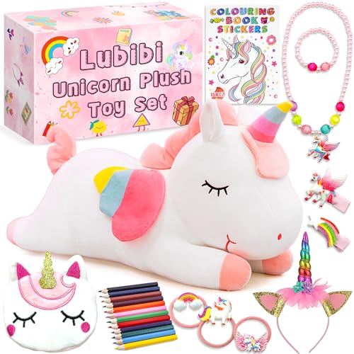 Lubibi Einhorn Kuscheltier,Einhorn Geschenke für Mädchen ab 3 4 5 6 7 8 9 10 Jahre,Haarnadeln, Armbänder,Halsketten,Pinsel,Zeichenbücher,Mädchen Bastelset Kinder ab 3-12 Jahre,kuscheltiere mädchen von Lubibi