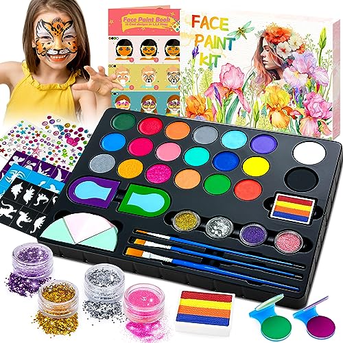 Lubibi Kinderschminke Set,21 Farben Kinderschminke Schminkpalette, Waschbar Face Paint Bodypaint Schminkset, mit 3 Pinsel, 28 Tattoos Schablonen, Make Up Theaterschminke für Halloween Faschin Karneval von Lubibi