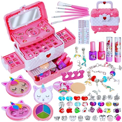 Lubibi Kinderschminke Set Mädchen Schminkkoffer, mit DIY Charm Armband Kit, Waschbar Schminke Kinder Make Up Set Mädchen Spielzeug, Weihnachts Geburtstags für Mädchen 4 5 6 7 8 9 10 11 12 Jahre von Lubibi