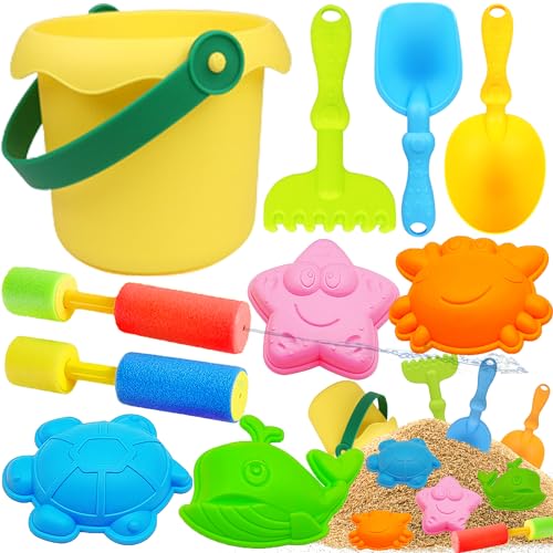 Lubibi Strandspielzeug Set Kinder, 10 Pcs Sandspielzeug, Geschenkset Mit Wasserpistole、Sandförmchen、Eimer、 Schaufeln, Silikon Sandspielzeug Gartenspielzeug Für Sandspielzeug Ab 3 Jahre von Lubibi