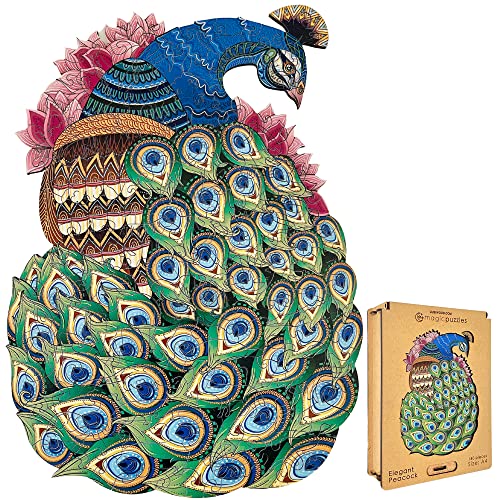 Lubiwood Verspielters Tierform-Holzpuzzle (21x15 cm) - Fördert Beobachtungsfähigkeiten und Zufriedenheit - kommt mit Holzgeschenkbox - Perfekt für Erwachsene (Elegant Peacock, Medium (A4)) von Lubiwood