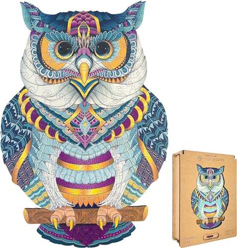 Lubiwood Verspielters Tierform-Holzpuzzle (21x15 cm) - Fördert Beobachtungsfähigkeiten und Zufriedenheit - kommt mit Holzgeschenkbox - Perfekt für Erwachsene (Cosmic Owl, Medium (A4)) von Lubiwood