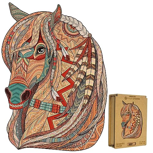 Lubiwood Verspielters Tierform-Holzpuzzle (29x21 cm) - Fördert Beobachtungsfähigkeiten und Zufriedenheit - kommt mit Holzgeschenkbox - Perfekt für Erwachsene (Majestic Horse, Medium (A4)) von Lubiwood