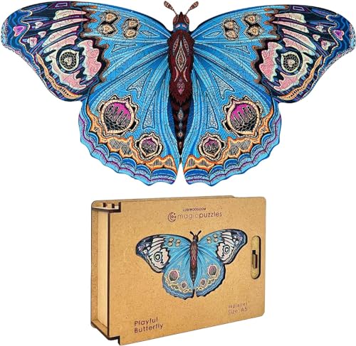 Lubiwood Verspielters Tierform-Holzpuzzle (21x15 cm) - Fördert Beobachtungsfähigkeiten und Zufriedenheit - kommt mit Holzgeschenkbox - Perfekt für Erwachsene (Playful Butterfly, Medium (A4)) von Lubiwood