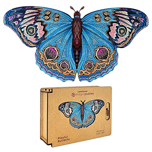 Lubiwood Verspielters Tierform-Holzpuzzle (21x15 cm) - Fördert Beobachtungsfähigkeiten und Zufriedenheit - kommt mit Holzgeschenkbox - Perfekt für Erwachsene (Playful Butterfly, Small (A5)) von Lubiwood