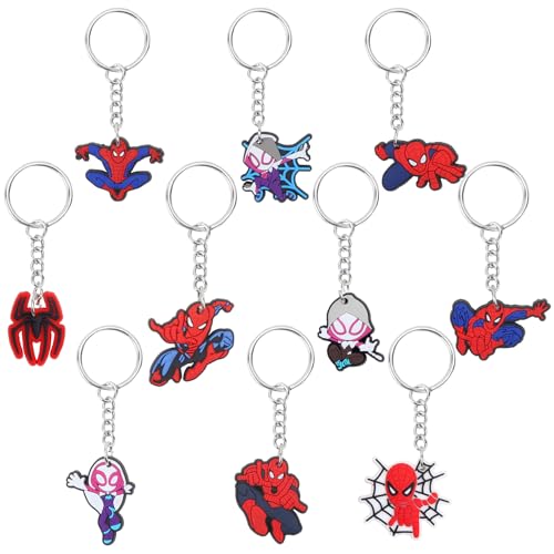 10Pcs Spider Schlüsselanhänger Kinder- Spidey Mitgebsel Kindergeburtstag Anime Schlüsselringe Silikon Schlüsselbund Anhänger für Party Supplies Give Aways Kindergeburtstag Spider Geschenk Spielzeug von Luchild