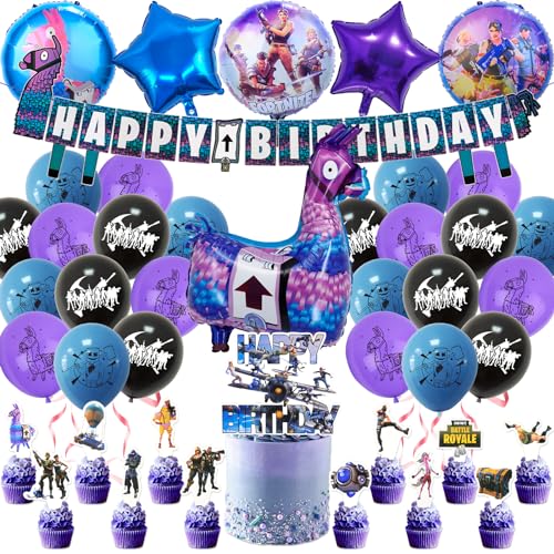 Balloon decration2 Fortnit Luftballon Geburtstagsdeko Jungen- 32 Pcs Videospiel Geburtstag Deko Set mit Gamer Ballon Cake Toppers Birthday Banner Folienballon für Kindergeburtstag Party Supplies von Luchild