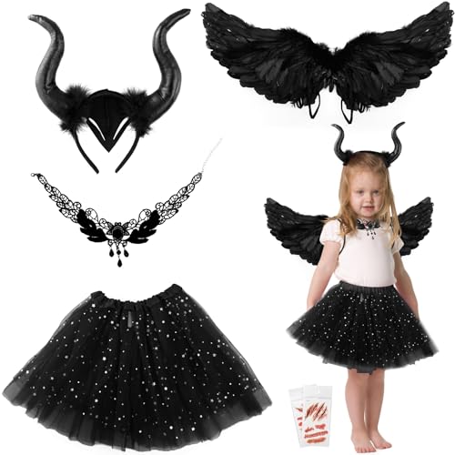 Luchild Halloween Teufel Kostüm Set 5ps Gothic Schwarze Feder mit bösen Hörnern Halloween Rabe Kostüm Weihnachten Karneval Fancy Dress Up… von Luchild