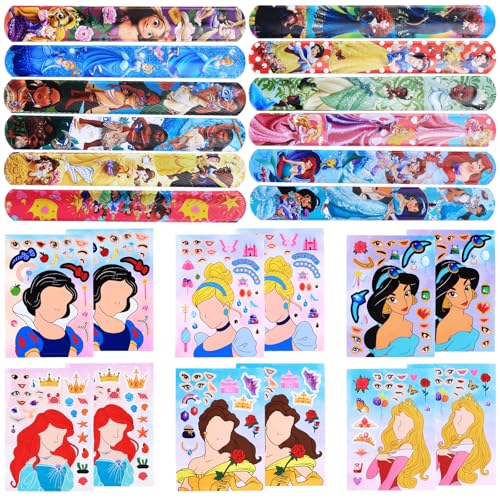 24pcs Prinzessin Mitgebsel Kindergeburtstag- Prinzessinnen Spielzeug Set mit 12 DIY Sticker Princess Aufkleber 12 Schnapparmband für Geschenk Give Aways Kinder Geburtstag Deko Party Zubehör Mädchen von Luchild