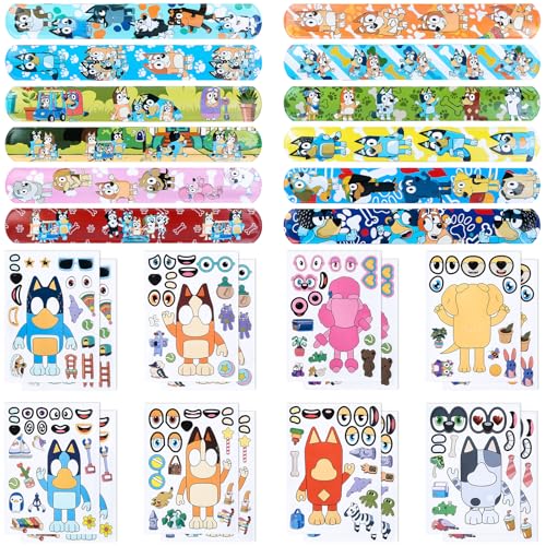 28pcs Mitgebsel Kindergeburtstag Blue-y Spielzeug Set mit 16 Dog DIY Sticker Aufkleber 12 Schnapparmband für Geschenk Give Aways Kinder Geburtstag Deko Party Zubehör Jungen Mädchen SchüLerbelohnung von Luchild