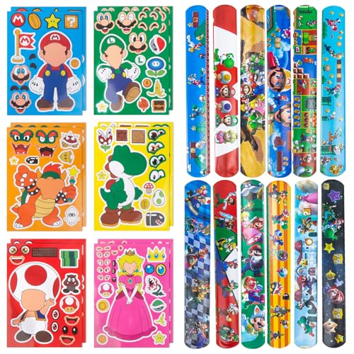 Luchild 24Pcs Mitgebsel Kindergeburtstag Ma- Rio Spielzeug Set mit 12 DIY Sticker Aufkleber 12 Schnapparmband für Geschenk Bros Give Aways Kinder Super Geburtstag Deko Party Zubehör Jungen Mädchen von Luchild