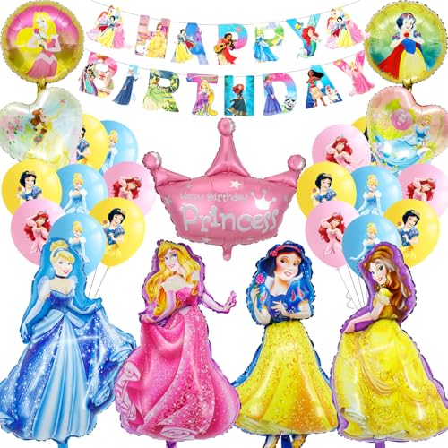 Prinzessin Luftballons Geburtstag Deko Mädchen- Prinzessinnen Geburtstagsdeko Princess Ballons Deko Geburtstag Girlande Folienballons Happy Birthday Banner Cake Topper für Kindergeburtstag Party Deko von Luchild