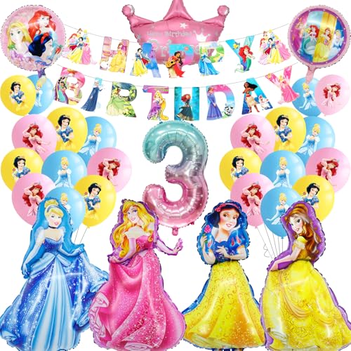 Prinzessin Luftballons Geburtstag Deko 3 Jahre Mädchen- Prinzessinnen Geburtstagsdeko 3 Jahr Princess Ballon Deko 3. Geburtstag Folienballons Birthday Banner für Kindergeburtstag Party Ballons Deko von Luchild