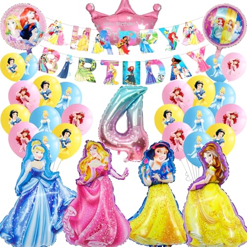 Prinzessin Luftballons Geburtstag Deko 4 Jahre Mädchen- Prinzessinnen Geburtstagsdeko 4 Jahr Princess Ballon Deko 4. Geburtstag Folienballons Birthday Banner für Kindergeburtstag Party Ballons Deko von Luchild